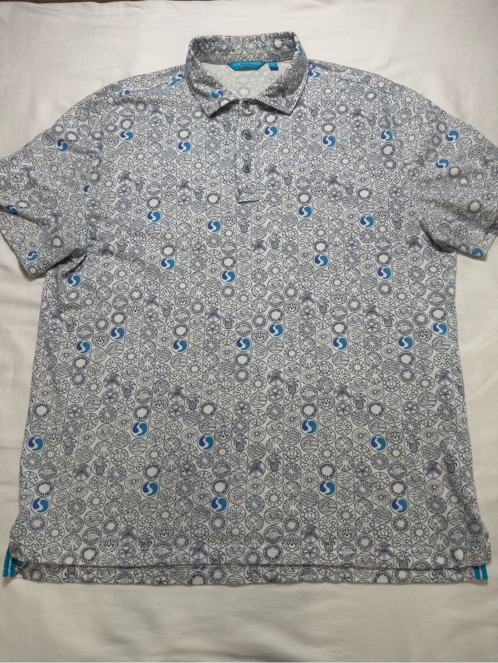 Tori Richard White Polo with Blue Geometric Print
